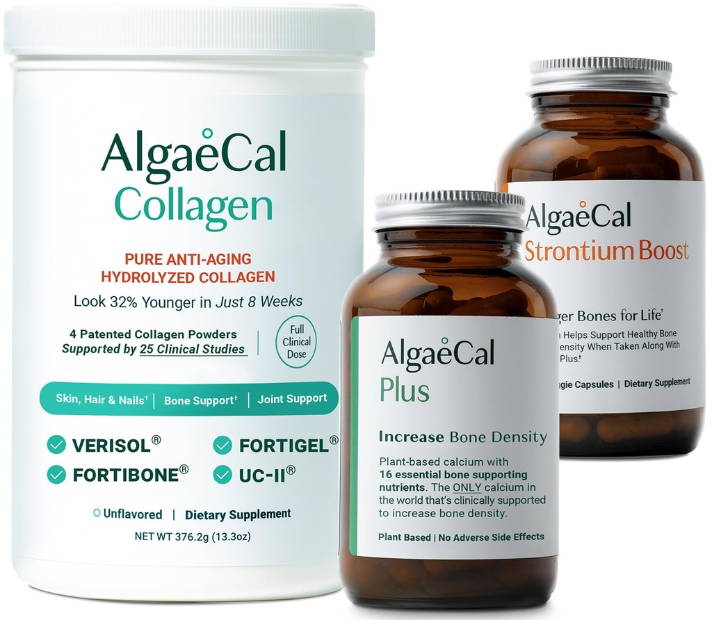 ALGAECAL Bone Bundel & Collagen – klinično podprt kolagen z Verisol, Fortibone, Fortigel + na rastlinah temelječ kalcij, Stroncij, D3, K2, Magnezij in 16 Nutrienti za lepoto in zdravje kosti