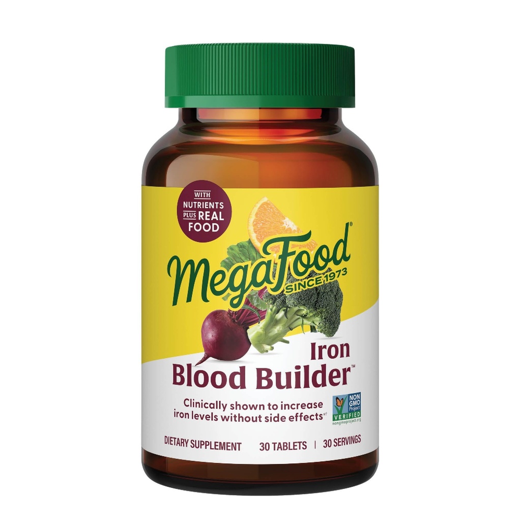 Megafood Blood Builder Železni dodatek za ženske in moške - povečanje ravni železa brez stranskih učinkov - Boj proti utrujenosti - z vitaminom B12, Folna kislina & Vitamin C za absorpcijo - Vegan - 30 tablet