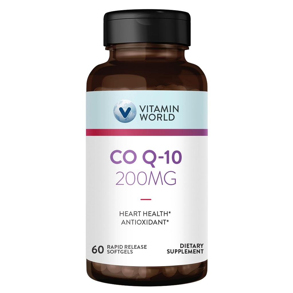 Vitamin World CoQ10 200 mg softgels, koencim Q10 dopolnila za antioksidant podporo, zdravje in proizvodnja energije srca, Gluten brezplačno, 60 hitro sproščanje softgels