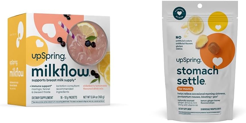 UpSpring Stomach Settle Kapljice, Medena aroma, 28 Ct+Mlečni tok Dojenje Dodatna pijača Zmešamo z Moringa & Blaženi osat, Ne Fenugreek 