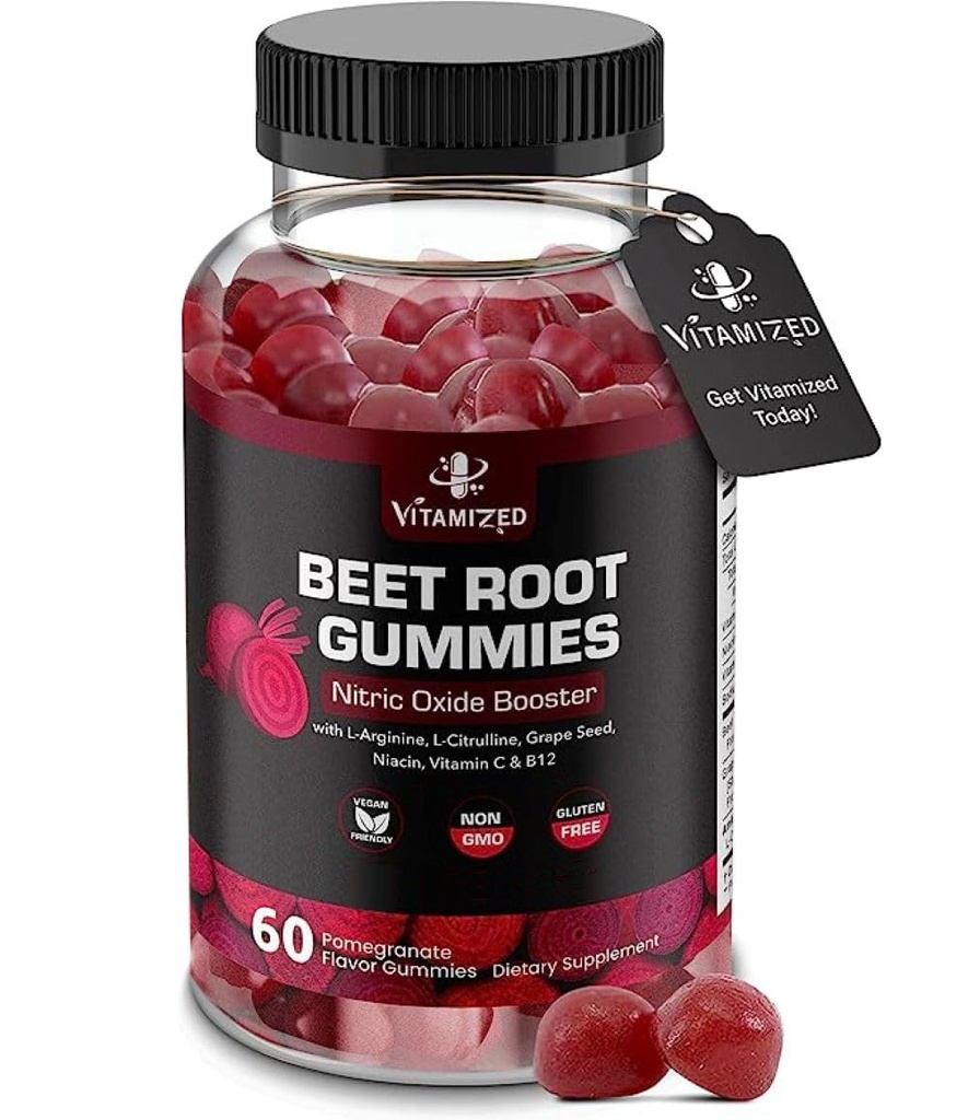 Beete Root Gummies - Super Nitric Oxide Beets dodatek - rdeče pese srčnih žveči z grozdje semena moč & B12- Granatna aroma, 60 Žvečilni listi