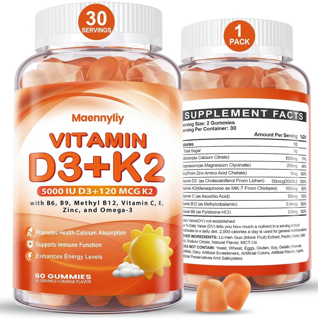 Vitamin D3 K2 Gumiji za odrasle - vitamin D3 5000IU + K2 (MK-7) 120mcg - dodatki brez sladkorja D3 in K2 z Omega-3, metil B12, B9, B6, vitamini E in cink - za absorpcijo kalcija in imuno zdravje