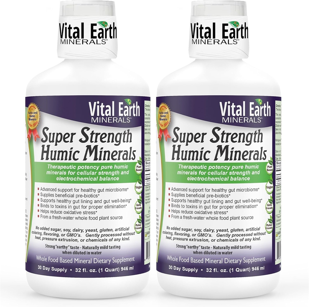 Vital Earth Minerals Super moč Humic Minerals 2-Pack – Fulvic Acid dodatek z 70+ Trace Minerals, Elektroliti za razstrupljanje in prebavljanje, 32 Oz Ea + 1 Oz pokal