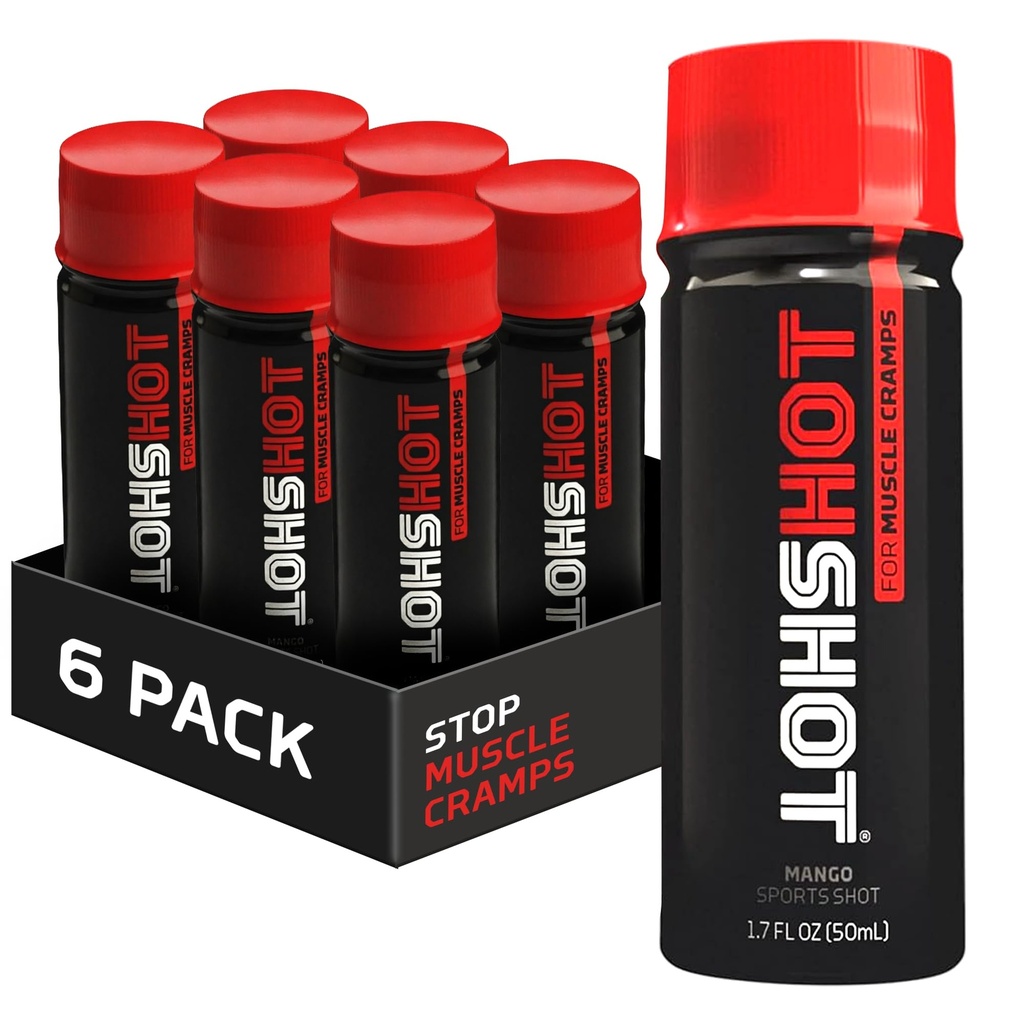 HOTSHOT Sports Shot Muscle Cramp Relief, vse naravne tekoče športne pijače, znanstveno dokazano, za noge in noč Cramps, Ponosno NSF Certified for Sport, (Spcy Mango) (1.7 Fl Oz) (Pack z dne 6)