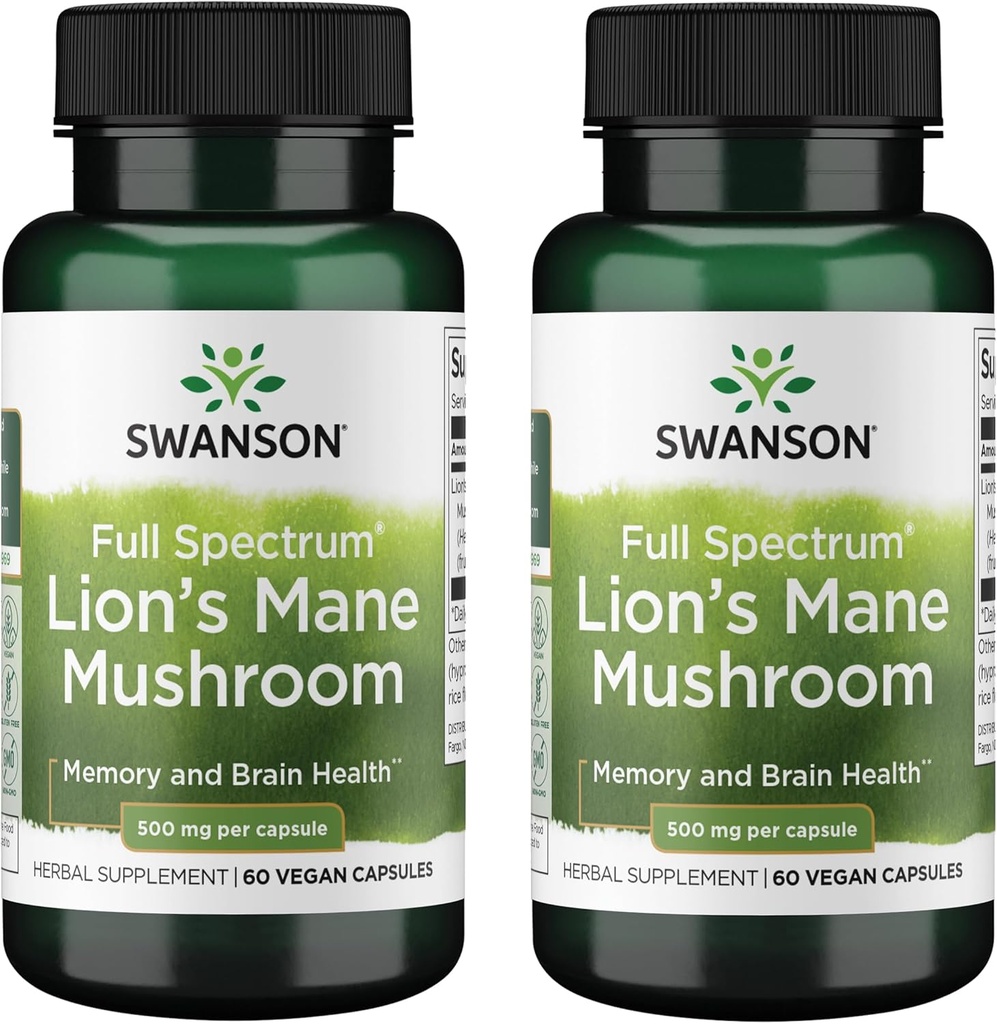 Swanson Full Spectrum Lion's Mane Goba - Brain Health Supplement to support memory, Focus & Clarity* - Lahko tudi pomaga imunske, srce in prebavnega zdravja - Gluten-free & Non-GMO - 60 kapsul (2 paket)