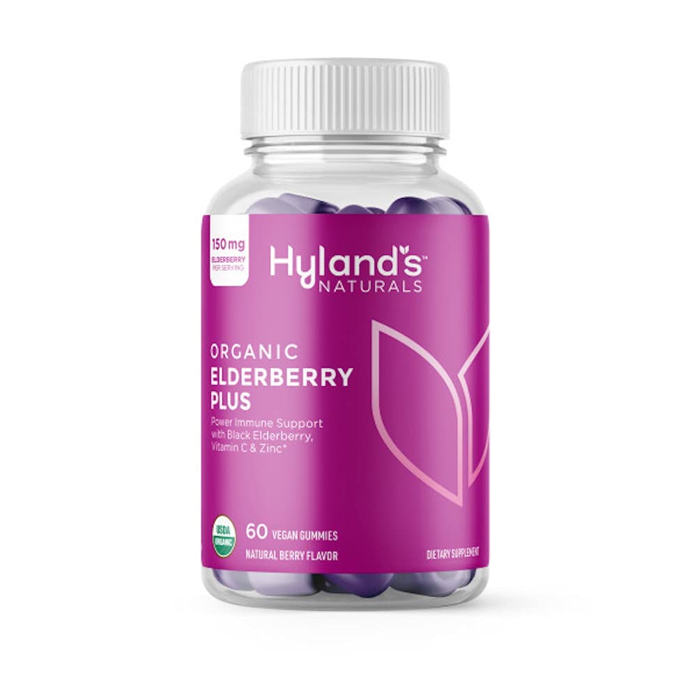 Hyland's Organic Elderberry Plus Gumies, Organic Black Elderberry z ZINC in vitaminom C, Imunska podpora dodatek za odrasle, 60 Veganski Gummies (30 dni)