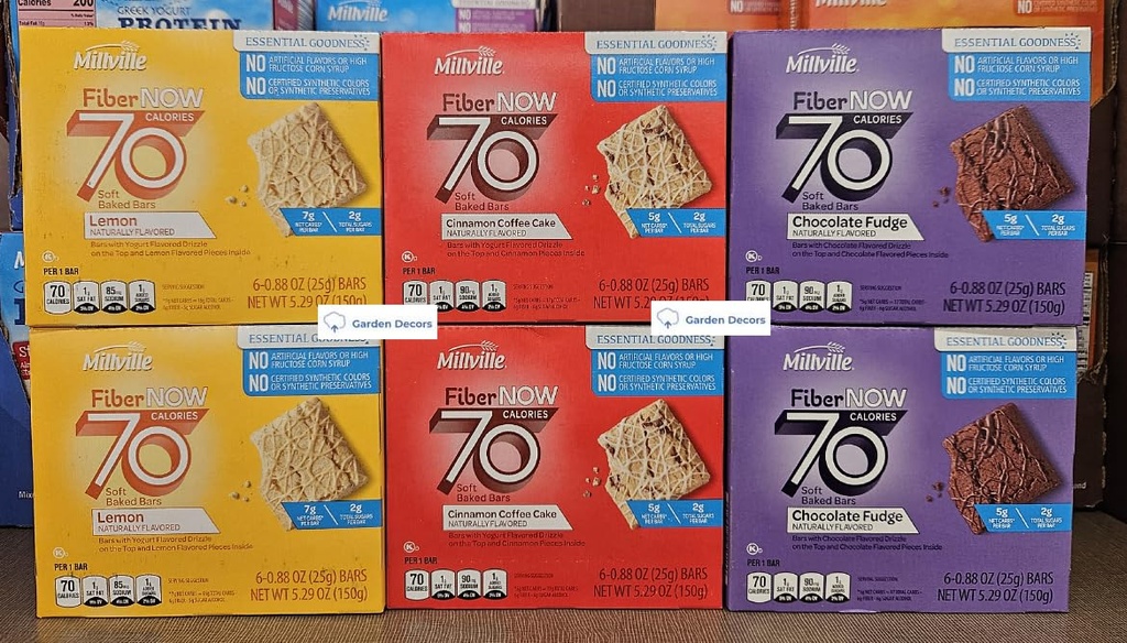 Fiber NOW Millville 70 Calories Soft Baked Bars Lemon, Chocolate Fudge, Cinnamon Coffee Cake 5.29oz 150g (Six Boxes)