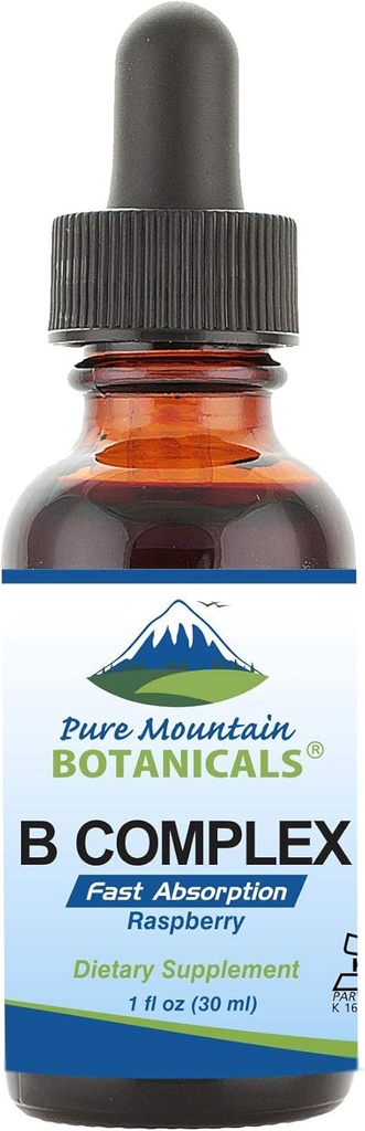 Čisti gorski botaniki Tekoči vitamin B kompleks - Raspberry Flavor Kosher B Complex Vitamin z B12, B6, Tiamin, Biotin, Niacin - 1oz steklenica