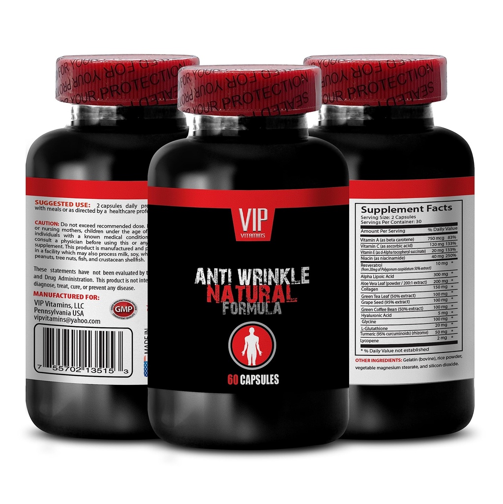 Anti-Wrinkle - Wrinkle Support Vitamin C, Green Tea Leaf Complex, L-Glutathione Skin Bright Formula, Aloe Vera Care, Trans-Resveratrol, Vitamin A Complex for Skin Smoothness, Niacin 1Bot