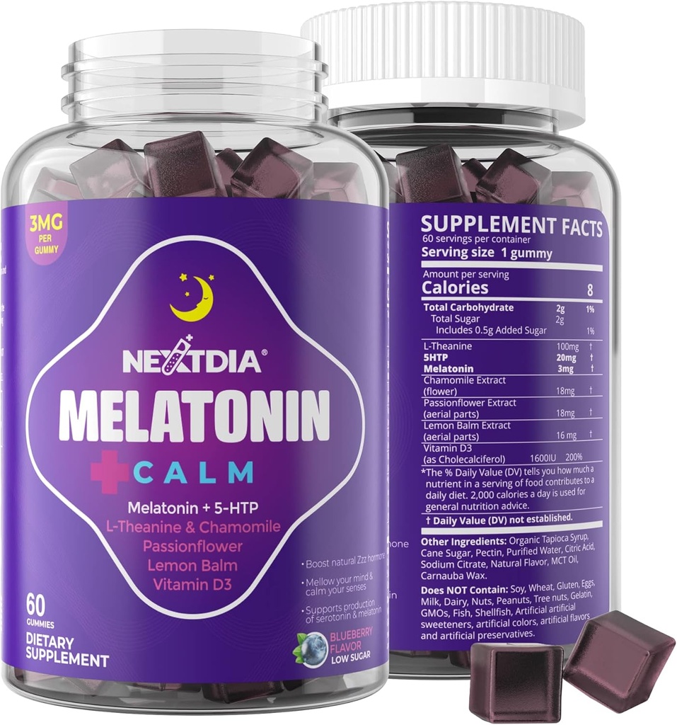 Melatonin Gumies 3mg 5mg 1mg - Zdrav mirna podpora cikla s 5HTP, L-teanin, limonin balzam, kamilica, pasijon, vitamin D3 za imuno podporo - nizek sladkor, želatina prosta, Vegan - 60 grofov