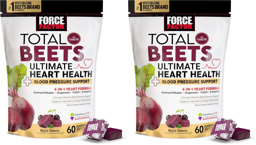 Force Factor Total Beets Ultimate Heart Health Chews for Blood Pressure Support,with Beetroot Powder,CoQ10,B Vitamins & Grapeseed Extract for Blood Flow & Energy,Black Cherry,60 Soft Chews,(Pack of 2)