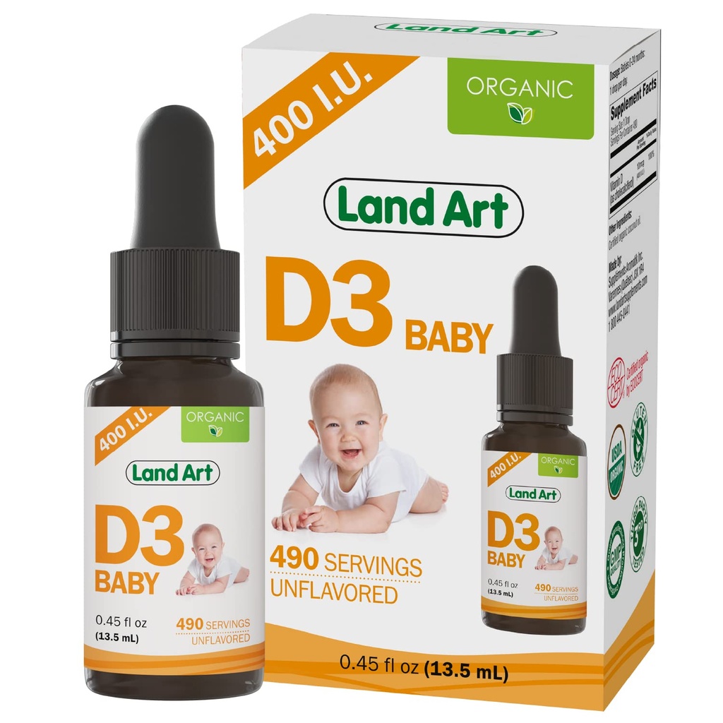Kopenska umetnost - Certified Organic Vitamin D3 Kapljice Baby – 400 i.e. na Kapljico – 490 Servisi – Podpira razvoj kosti in zob – Kapljice vitamina D za dojenčke in malčke – brez GSO – brez glutena – 0,45 fl oz