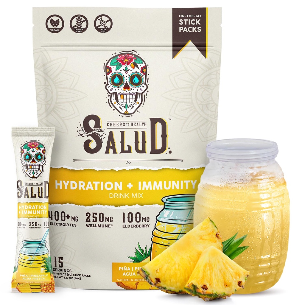 Na zdravje 2-v-1 Hydration Packets + Immunitete Elektroliti v prahu, Ananas - Agua Fresca Drink Mix, Elderberry, Dairy & Soy Free, Non-GMO, Gluten Free, Vegan, Low Calorie, 1g Sladkor (15 Servings)
