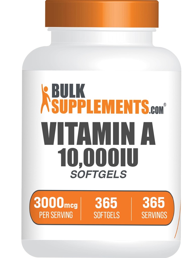 BulkSupplements.com Vitamin A 10000 IU Softgels - kot Retinil Palmitate, Vitamin A dodatek - za podporo oči in imunskega sistema, Gluten Free, 1 Softgel na Serving, 365 Število (Pack of 1)