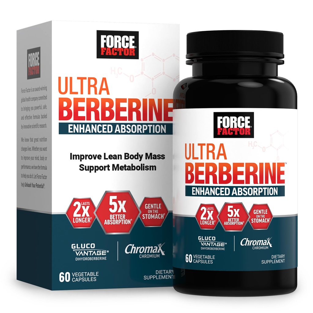 FACTOR FORCE Ultra Berberine Okrepljena absorpcija, s cejlon cinamon, dihidroberberin in krom, 5X Absorpcija, 2X Daljša traja, spodbujanje Lean Body Mass, 60 Zelenjavne kapsule