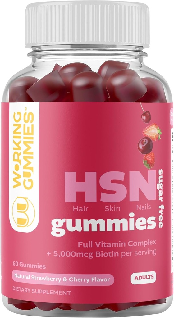 HSN Gumies - Koža in nohti za lase Gumies - brez sladkorja Biotin Gumies 5000mcg s polnim vitaminom kompleks za rast las, zdravo kožo, moč nohtov - 60 Ct Jagoda in češnjeva aroma