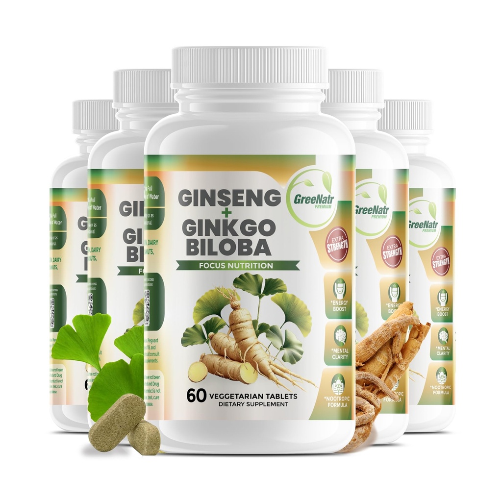 GreeNatr Ginko Biloba & Panax Ginseng dodatek - rdeči ginseng za spomin in fokus - Ginkgo Biloba za dober vid, imunski sistem in izboljšan pretok krvi (360 tablet: 6 steklenic)