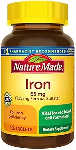 Nature Made Iron 65 mg 365 tablete (325 mg Ferrous Sulfat), prehranska dopolnila za podporo rdečih krvnih celic, 365 tablete, 365 dnevno oskrbo- Obložena z nalkotPodpora vodnik