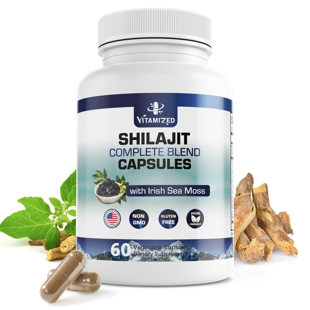 Čisti himalajski šilajit za moške in ženske - 10.000mg Shilajit Ashwagandha Supplements + Irish Sea Moss, Tongkat Ali, PQQ & More - 60 kapsul