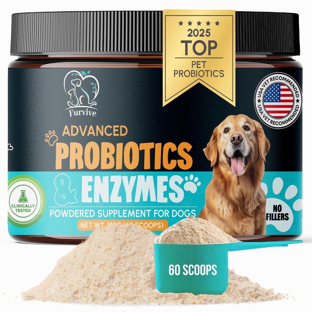 Dog Probiotics and Enzymes for Digestive Health, Gut Support, Gas & Seasonal Allergies – All Natural, Powerful Vet-Recommended Multi Strain Probiotics for Dogs – 60 Scoops