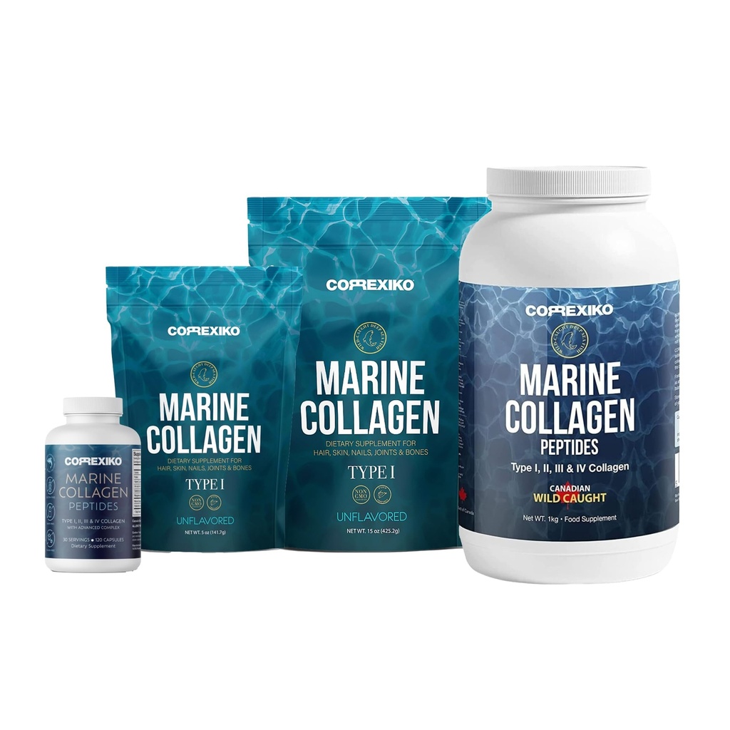 CORREXIKO Marine Collagen dopolnilo tablete in prah paket - vključuje 10.000 mg dvojno hidroliziran kolagen prašek 1kg, 15 oz & 5oz in 1800mg kolagen peptidi 120 kapsul - za lase, kožo in nohte