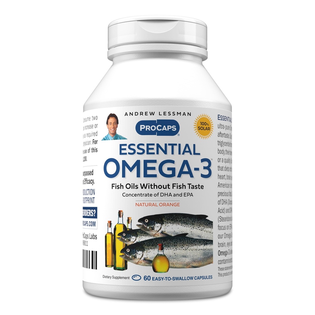 ANDREW LESSMAN Essential Omega-3 Orange - 60 Softgels - Ultra-Pure, Omega-3 Oils. Visoka DHA, brez želodčne vstaje, brez onesnaževalcev, brez živega srebra. Majhen, enostaven za požiranje softgels
