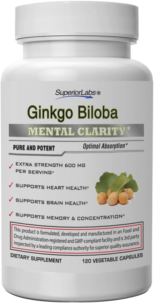 SuperiorLabs Ginkgo Biloba 1200 mg, Non-GMO, Črna paprika za povečano absorpcijo, Ginkgo ekstrakt, Izboljša spomin in fokus, Cirkulacija Booster, Naravni antioksidant Nootropic, 120 Veg Caps