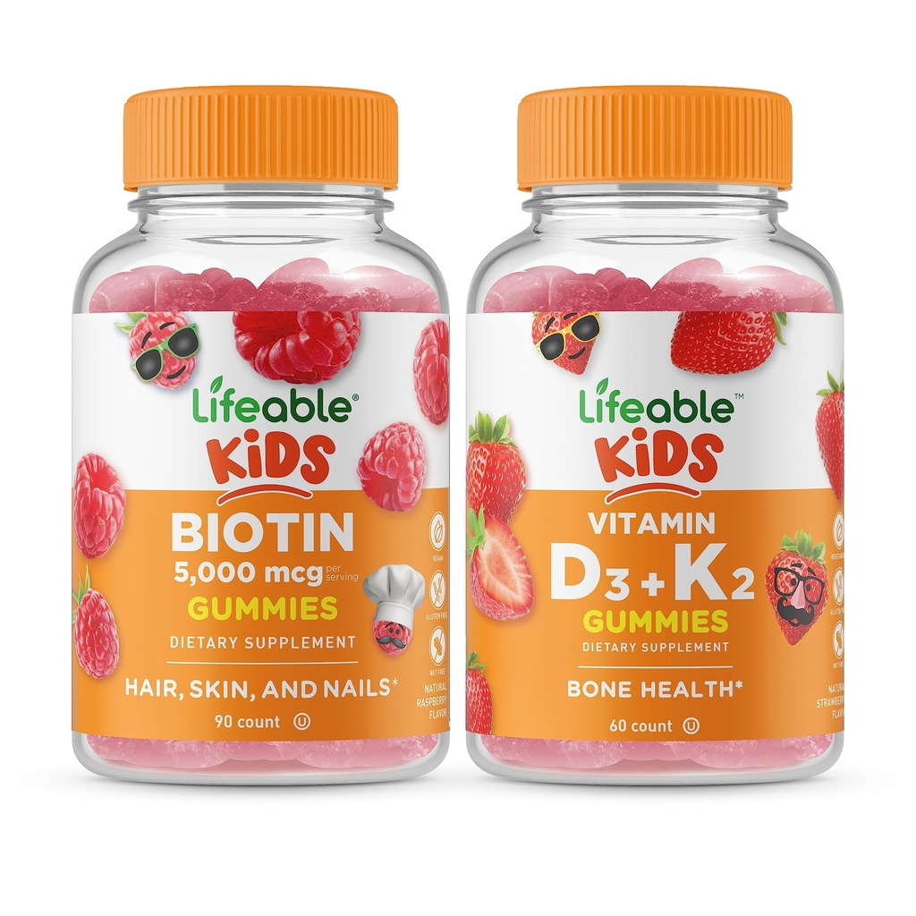 Življenjski biotin Otroci + Vitamin D3 + Vitamin K2 Otroci, Gumies Bundle - odličen okus, Vitamin dopolnilo, Gluten brezplačno, GSO brezplačno, Žvečljivi Gummy