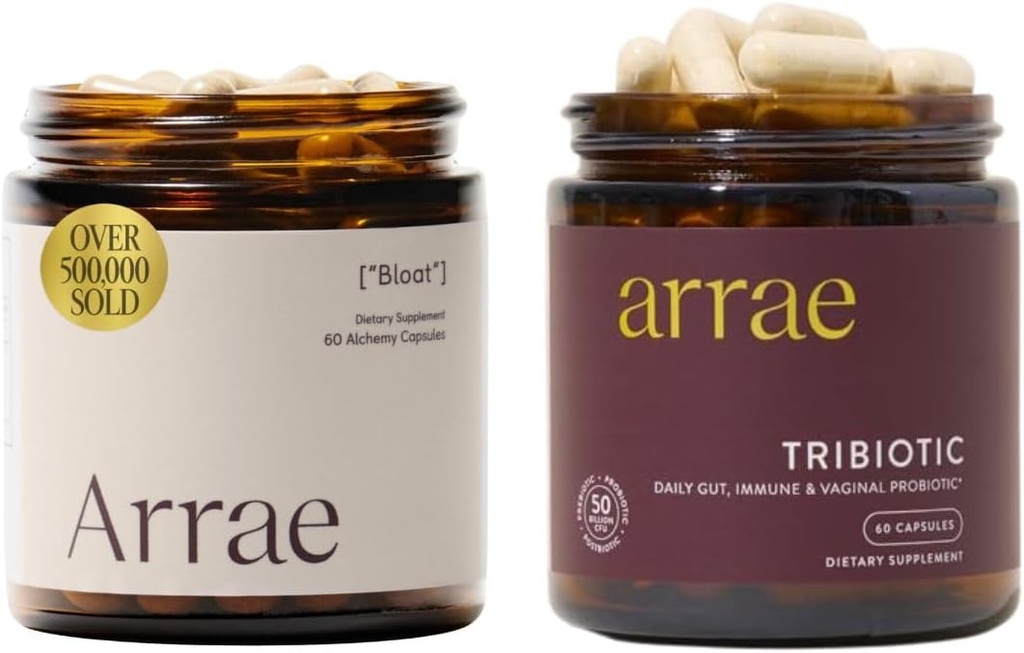 Arrae Bloat + tribiotični strdek, napenjanje Relief Prebavne Encimi, Plin in prebavne motnje, Probiotiki za ženske, Podpora za ravnovesje vaginalnega pH, Imunsko in Feminino zdravje, 60 Kapsule vsak