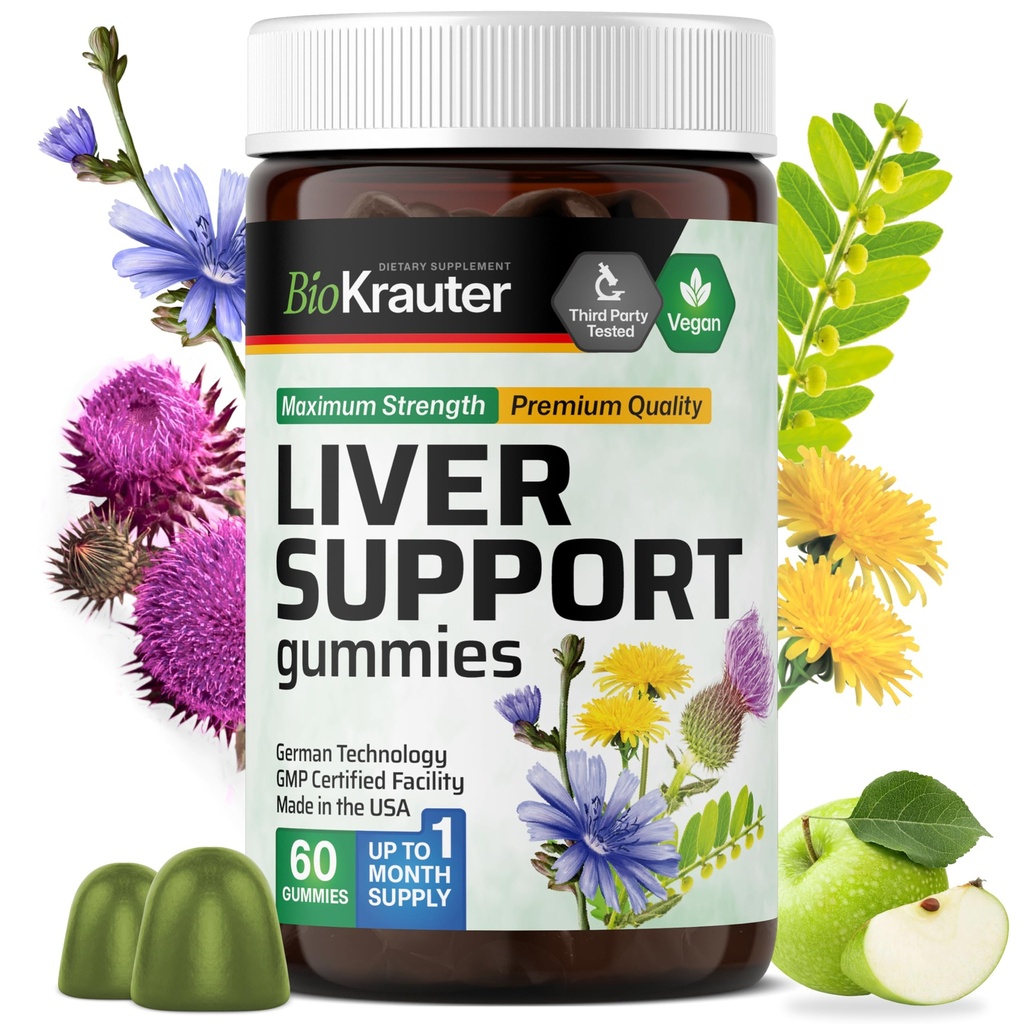 BIO KRAUTER Jetrna dopolnila Gumiji - 60 Veganski žveči w/mlečni osat, pokrivna korenina za čiščenje in razstrupljanje jeter - 80% silimarin