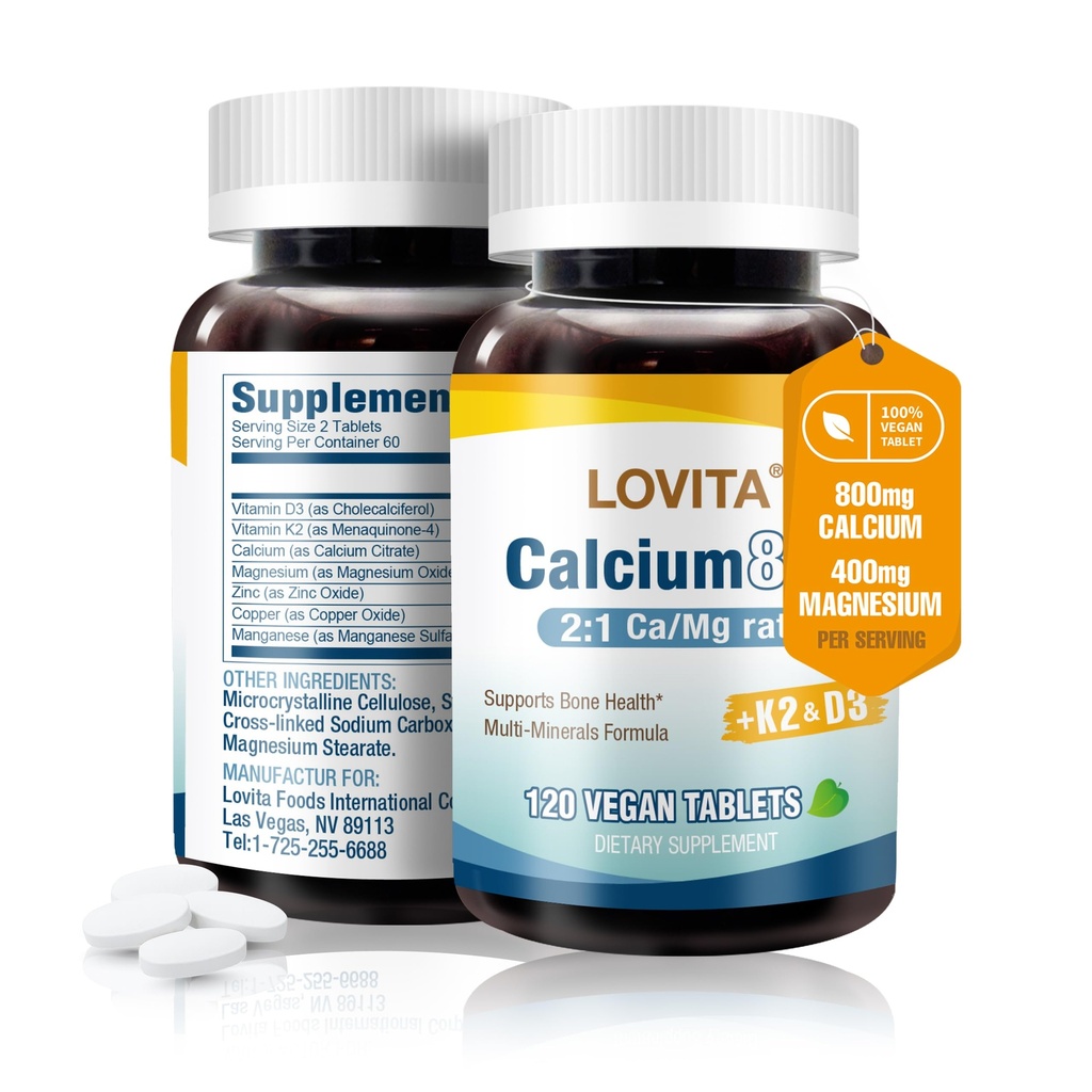 LOVITA kalcijev citrat 800 mg z magnezijem, vitaminom D3 & K2, dodatek za moč in gostoto kosti za ženske in moške, podpira zobe, imuno zdravje, gluten brez, ne- GMO, 120 veganskih tablet