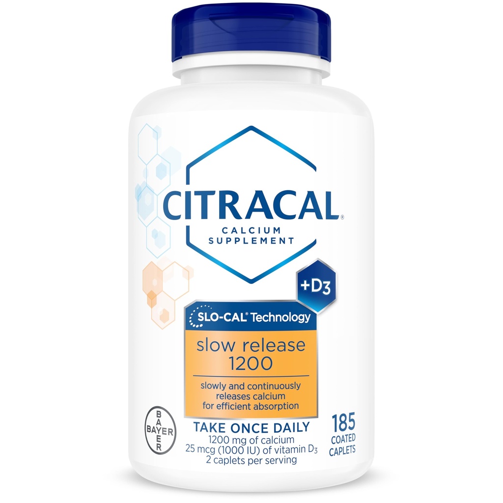 Citrakalni počasi sproščanje- Kalcij 1200 mg z vitaminom D3, Magnezij, dodatek kalcija, podpora za zdravje kosti, Vzemite enkrat dnevno Caplet, 185 Število