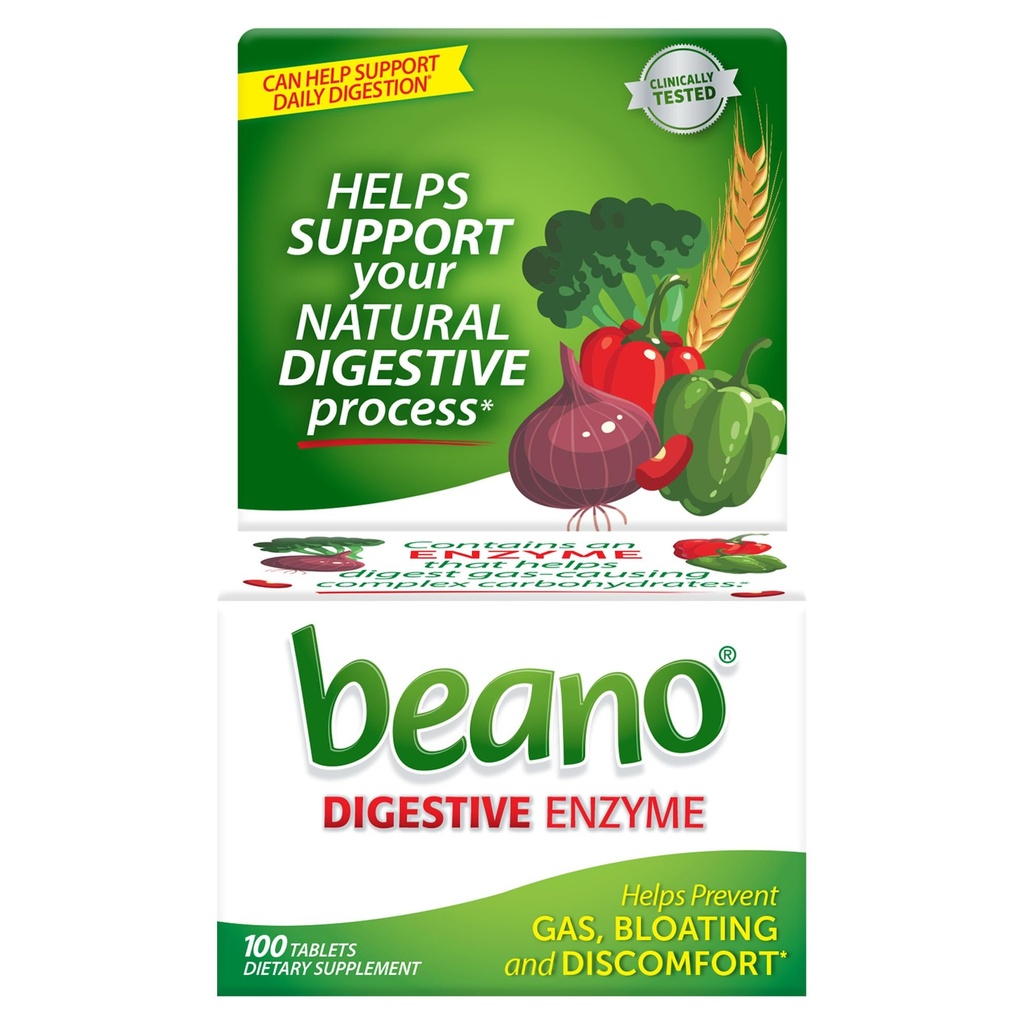 Beano Digestive Enzyme, Preventivna olajšava za plin za odrasle, pomaga preprečiti plin in napihnjenost, 100 tablet