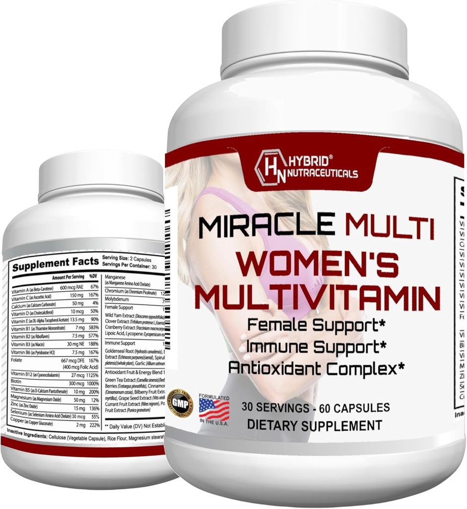 MiracleMulti multivitamin za ženske - podporna formula za ženske, Imunska podpora, Minerali, Biotin, Antioksidanti in superživila Mešanica – 60 kapsul