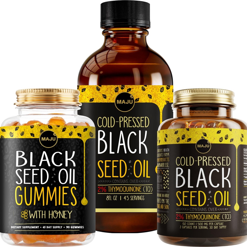 Maju Superfoods črno seme olje 3-v-1 bundele, Gumies, kapsule, in tekoče