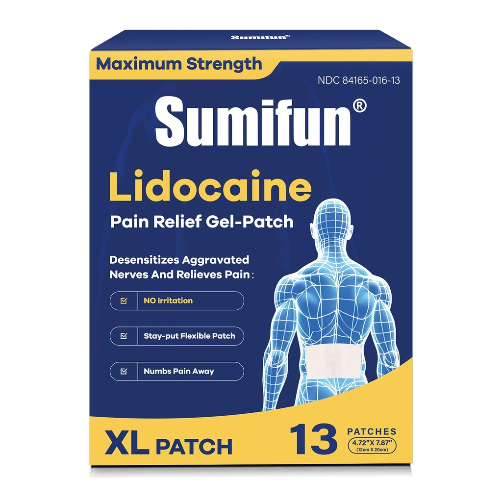 Sumifun XL Lidocaine Patches for Pain Relief, 4% Lidocaine Maximum Strength OTC, Extra Large 4.72"x7.87" for Full Back Pain Patches & Large Areas (Extra Large, Count, 13)