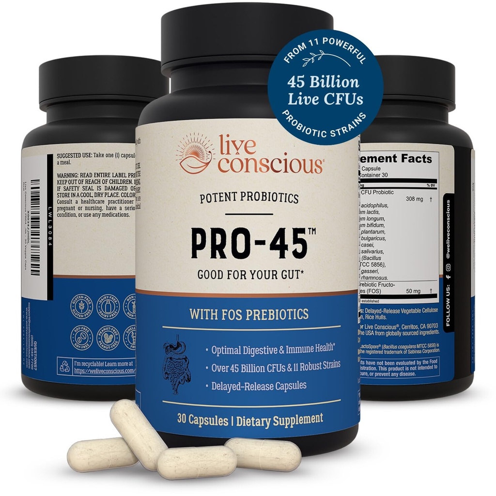 Živi zavestni PRO45 probiotiki za ženske in moške: celovita formula, 45 milijard CFU, 11 sevov, brez mleka - w/prebiotiki in probiotiki - spodbuja Immune & Gut Health - 30 Veggie Caps