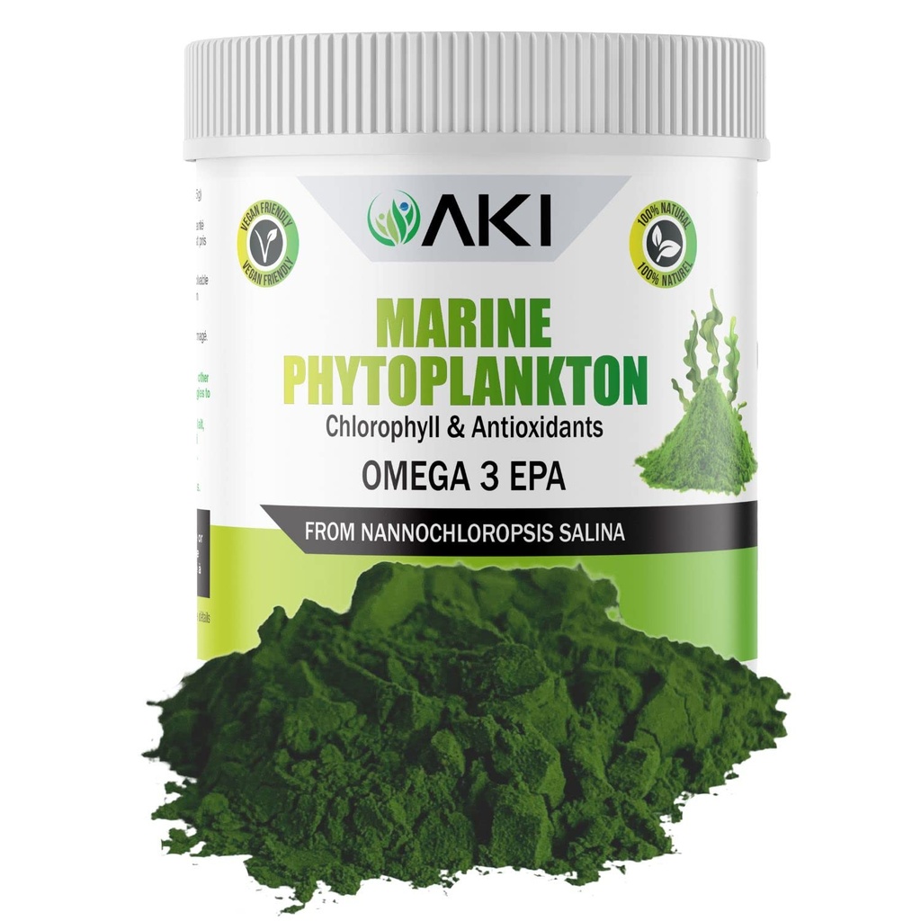 AKI Marine Phytoplankton Powder - Vir Raw Omega-3 EPA Micro Algae Nannokloropsis - Rastlinske beljakovine, Vitamini za splošno wellness - Popoln vir beljakovin, Vegan & GSO brez (2oz/57g)