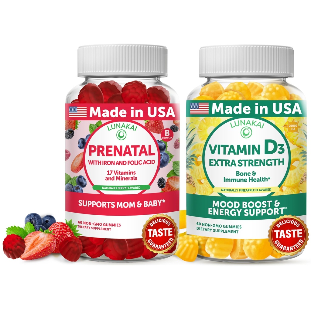 Lunakai Prenatal in vitamin D3 Gummies Bundle - Nosečnost Multivitaminski Gummy z železom in folno kislino - Imuniteta, kosti in razpoloženja dodatek za odrasle - 30 dni dobave
