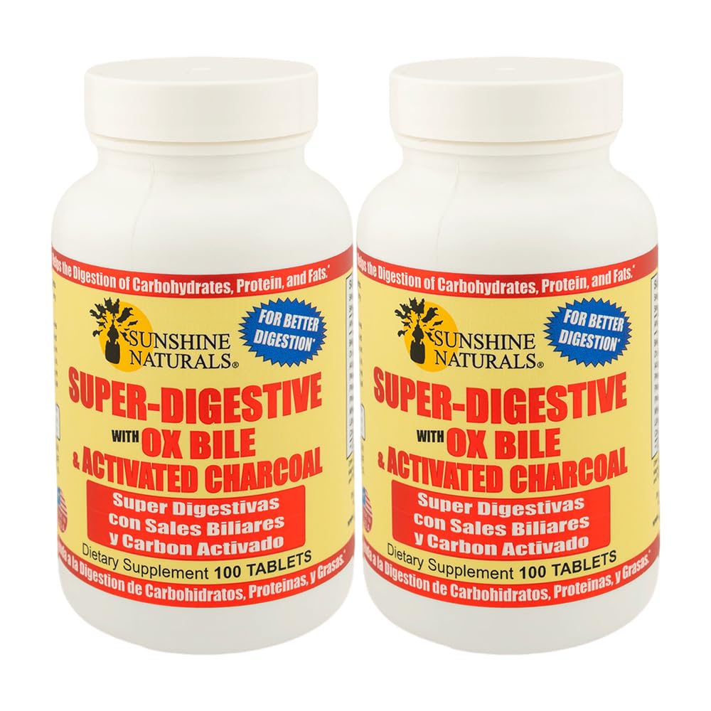Sunshine Naturals Super Prebavni dodatek. Ox Bile & Aktiviran Charcoal za digestivno podporo, Bloating Relief, Gut čiščenje, Absorpcija hranil in splošno Wellness. 100 tablet. Pakiranje po 2