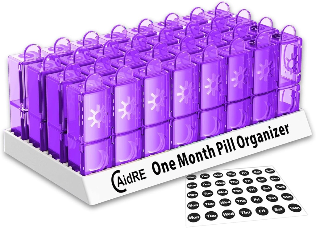 Mesečni tablete Organizator 31 dan AM PM – En mesec tablete Primer za zdravila, vitamini in dodatki – Enostaven odprt dnevno tablete Box Organizator, 2 krat na dan tablete Dispenser, Purple