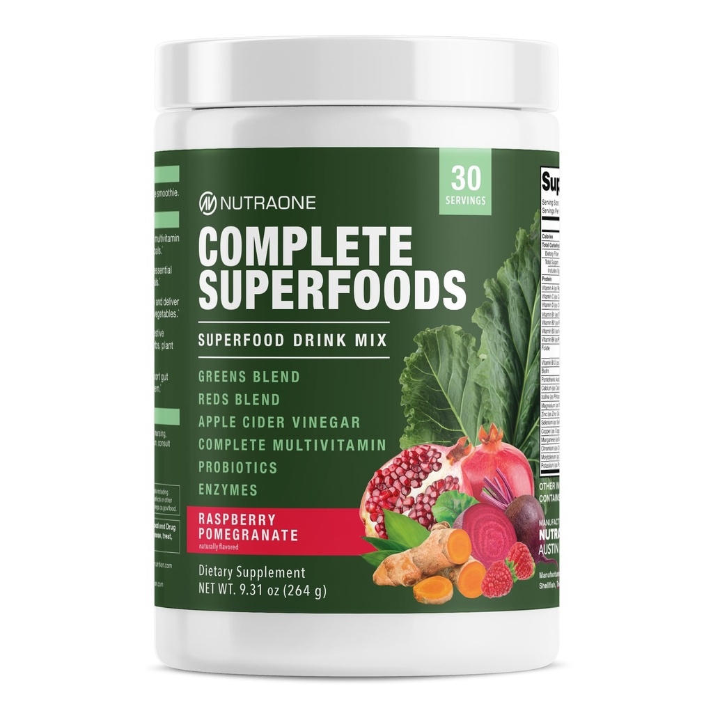 Popolna superživila, zelena in rdeča mešanica*, jabolčni kis, prebavna encimska mešanica*, probiotična mešanica*, multivitaminski* (Raspberry Pomegranate - 30 servingov)