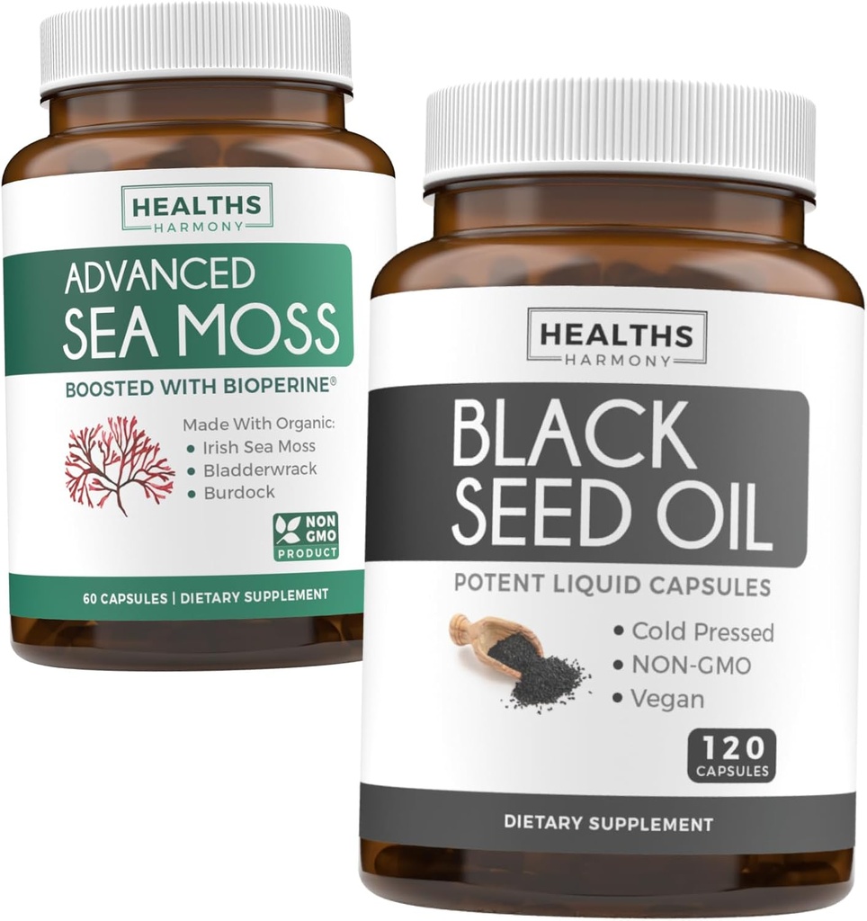 Črno seme in morski moss (1-mesečna zaloga) Hranilna naravna mešanica olja črnega semena 120 kapsul softgel (Non-GMO & Vegan) s hladnim nanosom Nigella Sativa & irskih kapsul Moss (Non-GMO & Organic)