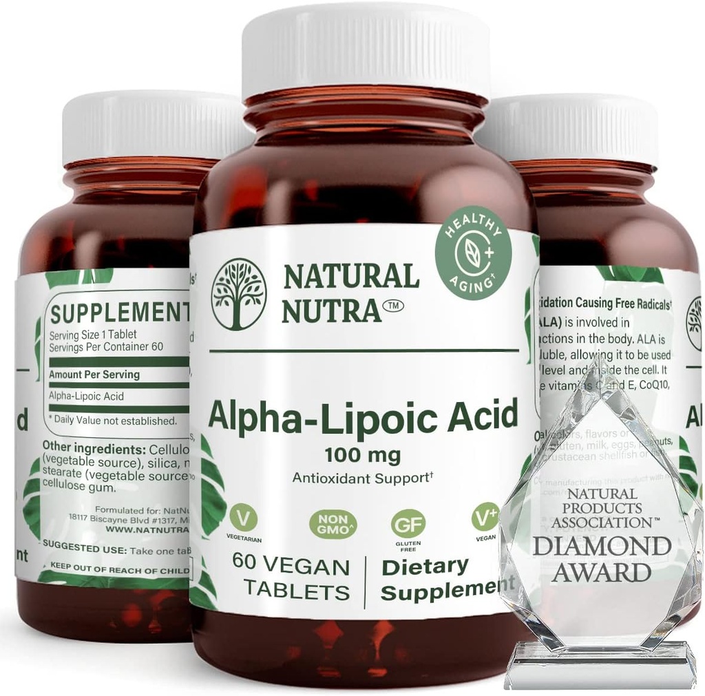 Naravna nutra R-Alpha lipoična kislina, izboljšanje zdravja kosti in srca, izboljšanje funkcije spomina, izboljšanje živčne funkcije prispeva k splošnemu zdravju, Gluten Free 100 mg, 60 Veganske in vegetarijanske tablete.