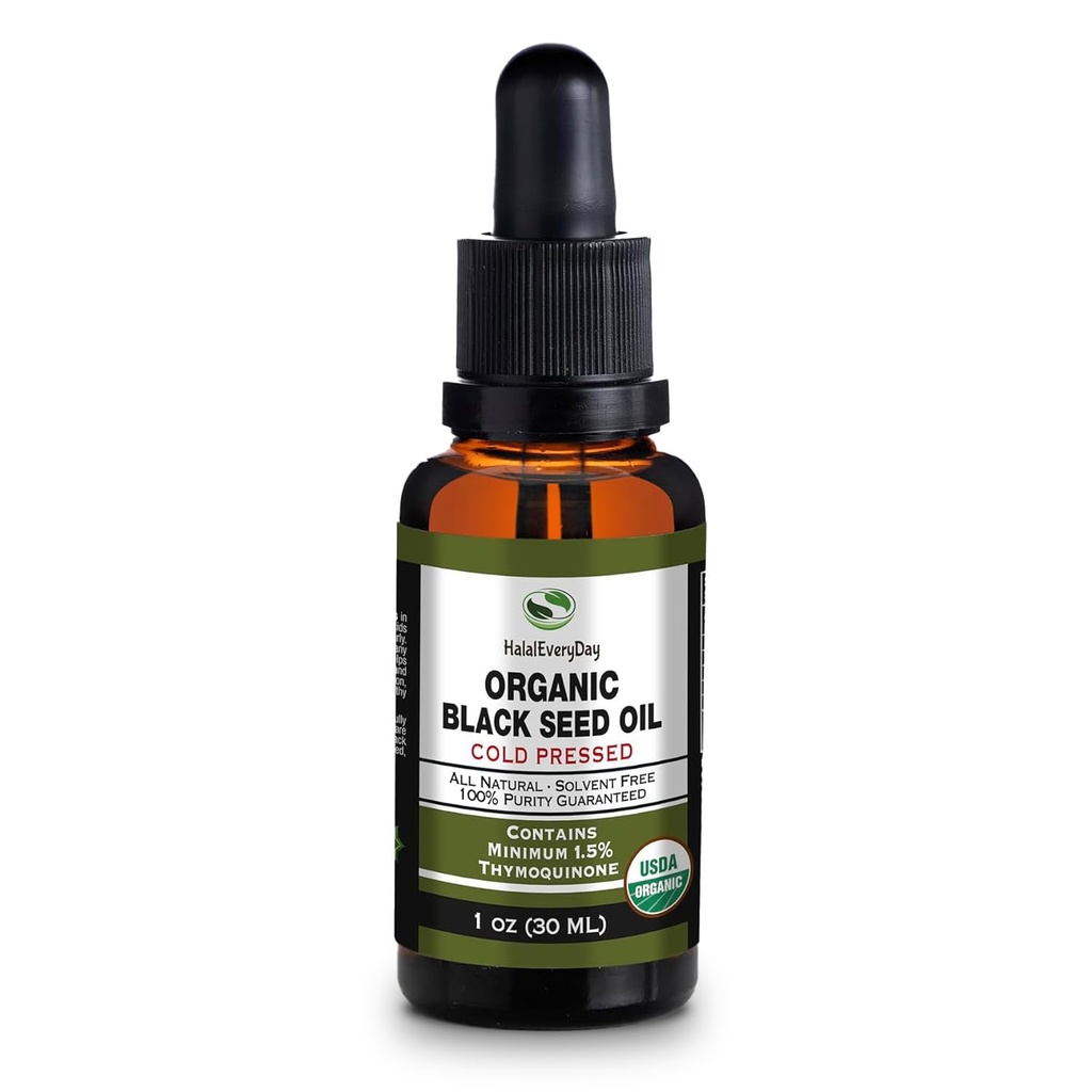 Organsko olje črnega semena - USDA Certified Hladno stisnjena steklena steklenica več kot 1,5% Thymokinon 3X moč turška črna kumina Nigella Sativa non-GMO 100% čisto črno olje (1oz steklena kapalka steklenica)