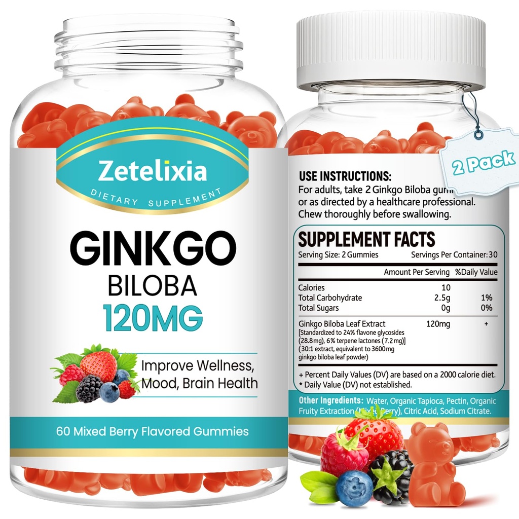 2 Pack Ginkgo Biloba Gummies za ženske in moške, Možganski dodatek Izboljšati boljši razpoloženja in fokus, Vegan mešane Berry Flavor 120 Count