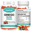 2 Pack Ginkgo Biloba Gummies za ženske in moške, Možganski dodatek Izboljšati boljši razpoloženja in fokus, Vegan mešane Berry Flavor 120 Count
