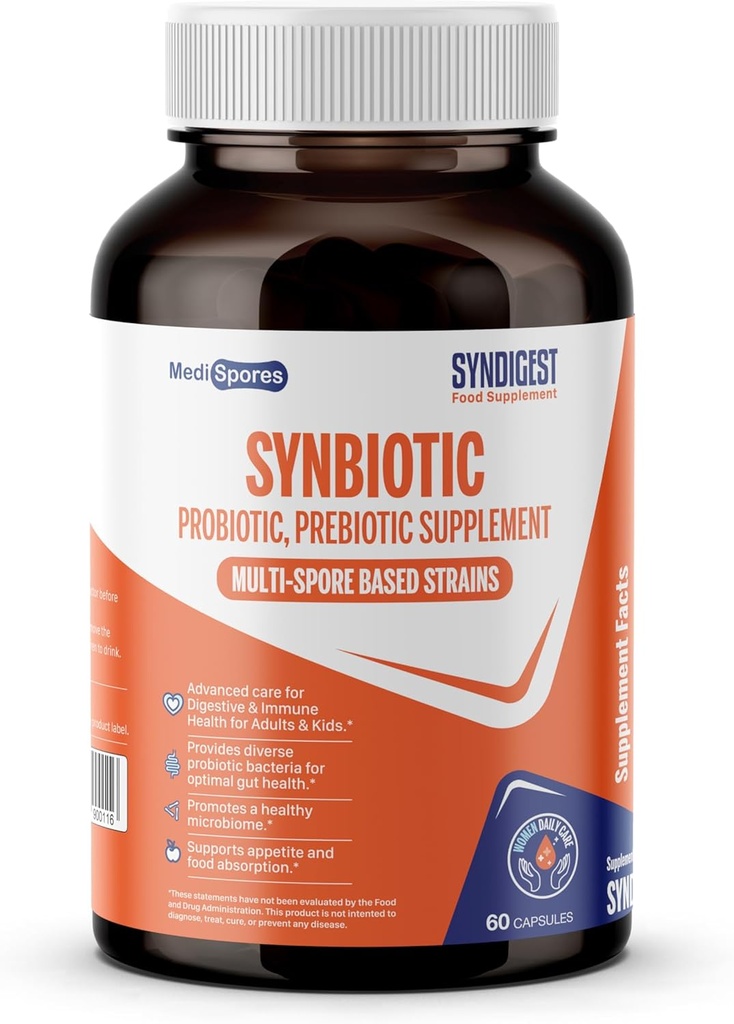 Syndigest probiotično dnevno oskrbo za ženske in moške z dvojno koristjo 5 probiotičnih in prebiotičnih sevov, ravnovesje črevesja zdravje in lajša zaprtje, potovanje prijazno, 60 kapsul (2 milijard CFU/rezervacija)