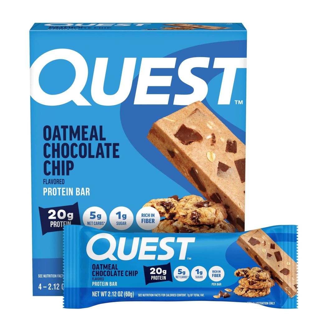 Quest Nutrition Oatmeal Chocolate Chip Protein Bars, 20g Protein, 1g Sugar, 5g Net Carb, Gluten Free, Keto Friendly, 4 Count