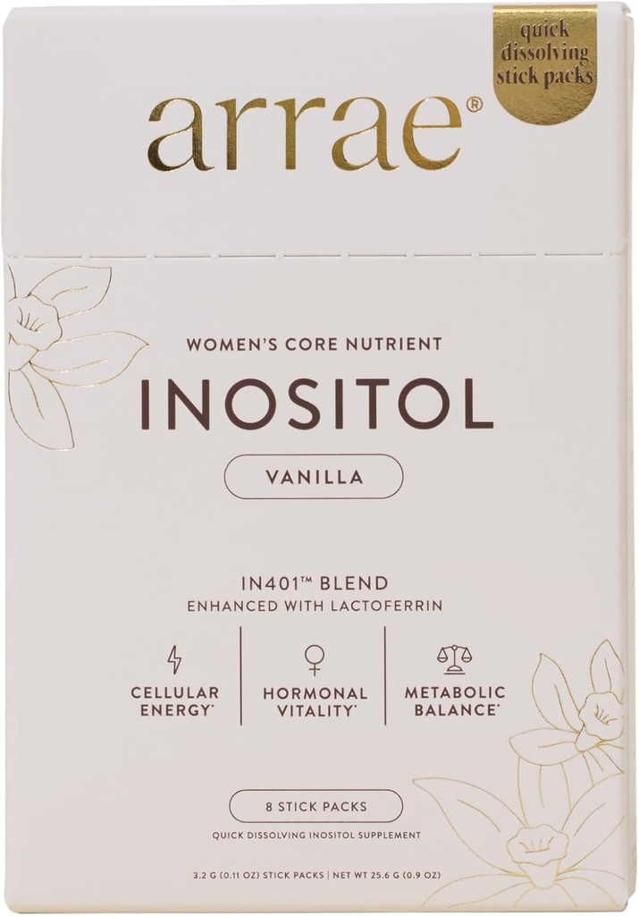 Arrae Inositol Supplement for Women - Supports Healthy Hormonal Balance, Regular Cycles, & Ovarian Health - 40:1 Myo & D-Chiro Raton with Lactoferrin & Folate - Vanilla Flavor - 8 Pack